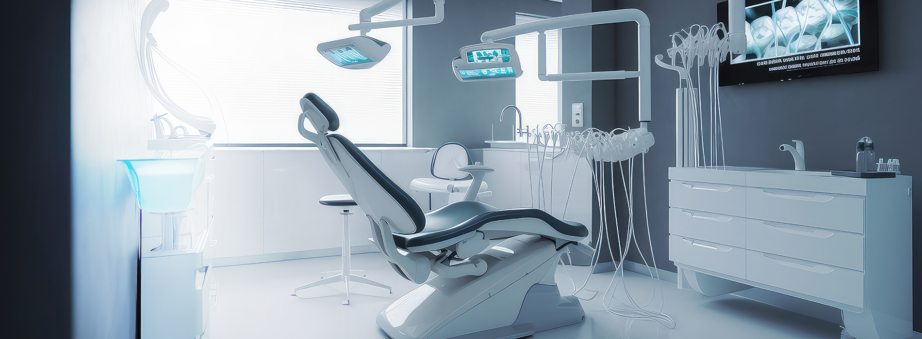 The image shows a modern dental office interior with advanced equipment, including a large dental chair, a high-tech console, and various medical devices.