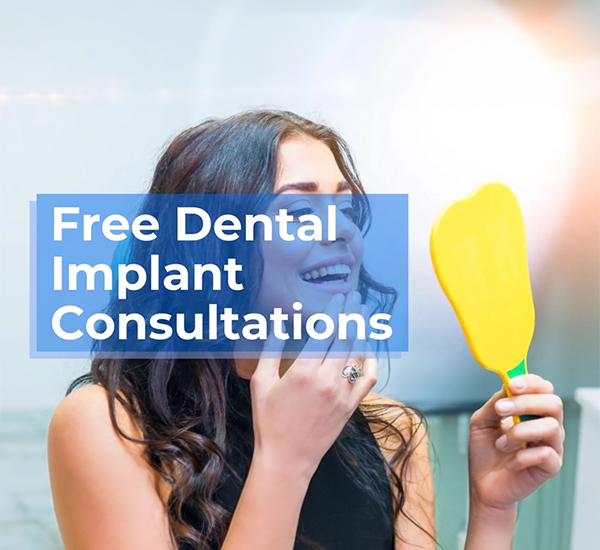 The image shows a woman with a bright smile holding a large yellow ice cream cone, with text overlaying the image advertising  Free Dental Implant Consultations.