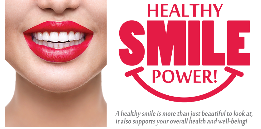 The image features a graphic design with text at the top reading  HEALTHY SMILE POWER  and below, there s an illustration of a smiling face with red lipstick. The background is white, and the overall style appears to be promotional or informational in nature.