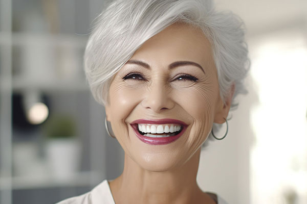 The image features a woman with short gray hair, wearing a white top and earrings, smiling broadly and looking directly at the camera.
